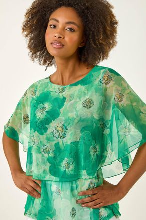 Roman Floral Print Mesh Overlay Top