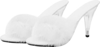 UPKOCH Transparent High Heel Plush Sandals for Women Open Back Nightclub Slippers with Stable Heel White Fuzzy Large Summer Beach Shoes