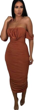 Femme Luxe Bardot Cowl Neck Ruched Midi Dress-Malia - Rust - 10