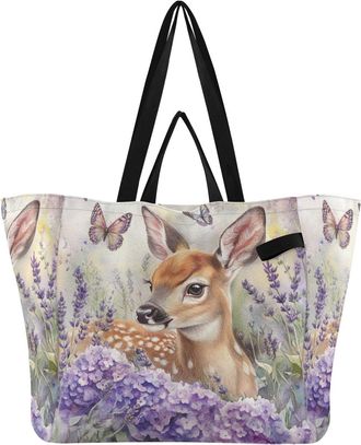 Generic Deer Flowers Purple pattern Reusable Canvas Tote Bag, Heavy Duty Grocery Shopping Bag with Double Handles Hard Bottom Large Capacity Work Groceries Tr