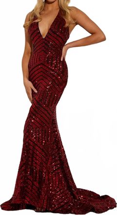 Jasz Couture Sequin V-Neck Evening Dress In Black/red