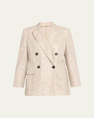 Brunello Cucinelli Dazzling Chevron Linen Double-Breasted Blazer Jacket