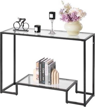OEM Mesa Consola De Vidrio 2 Niveles 107 X 35,4 X 75,5 Cm Mesa Auxiliar Rectangular Para Sof&aacute; Con Tablero De Vidrio Templado, Patas De Hierro Para Sala De
