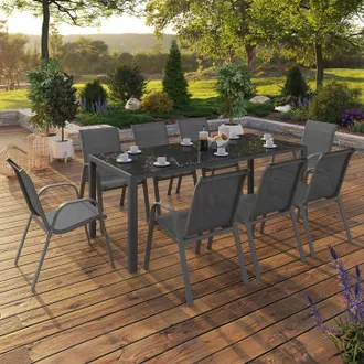 IDMarket Conjunto De Muebles De Jard&iacute;n Madrid Mesa 190 Cm Y 8 Sillas Apilables Gris Antracita