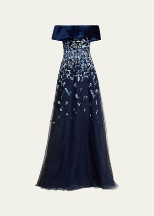 Teri Jon Velvet & Floral-Embroidered Tulle Off-The-Shoulder Gown