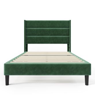 Urban Meuble Cama doble de terciopelo verde con cabecero tapizado