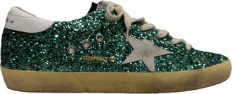 Golden Goose Pre-owned Womens Superstar Distressed Suede-Trimmed Sneakers In Green Glitter - Black Cotton - Size EU 42