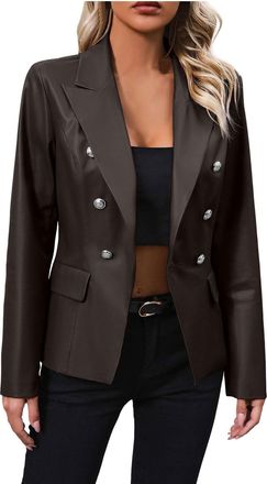 Generic Winter Jackets for Women Women Solid Double Breasted Suit Jacket pu Leather Jacket Coat Cold Weather Coat (Coffee, XL)
