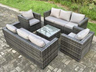 Fimous Rattan Garden Furniture Set 8 Seater Patio Outdoor Lounge Sofa Set with 2 Armchairs Square Coffee Table Dark Grey Mixed