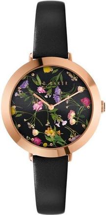 Ted Baker Ammy Floral Leather Strap Watch, 34mm in Black at Nordstrom Rack