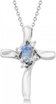 Allurez Moonstone & Diamond Cross Pendant Necklace 14K White Gold (0.50ct)