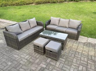 Fimous High Back Rattan Garden Furniture Set Lounge Sofa 3 Seater Sofa Set Outdoor Rectangular Coffee Table 8 Seater in Dark Grey