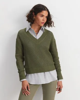 Sportscraft Cotton Crochet V-Neck Knitted Jumper in Khaki at Nordstrom, Size Xx-Large