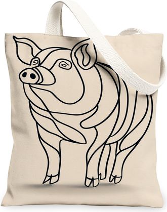 Generic Animal Outline Canvas Tote Bags, Pigs Design Reusable Grocery Bags, Farmhouse Vintage Lightweight Washable Shoulder Strap C, Beige, 13x15 Inch
