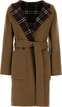 Burberry Omkeerbare wollen wikkeljas met capuchon - Dames - Jas met riem - Bruin - XS - Wol - Jassen