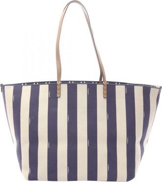 Fendi Beige Navy Canvas Leather Handbag Tote Bag (Pre-Owned)