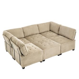 STILVORA Sof&aacute; Modular 6 Plazas En Terciopelo Acanalado Con Brazo, Respaldo Ergon&oacute;mico Y Bolsillos Laterales, Caqui