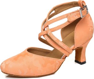 Minitoo Women Dance Shoes Closed Toe Party Evening Wedding Pumps with Ankle Strap L457 Orange Yellow UK 2