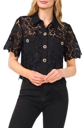 CeCe by Cynthia Steffe Floral Lace Short Sleeve Button-Up Shirt in Rich Black at Nordstrom, Size Medium