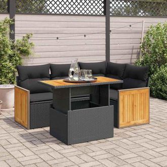 vidaXL Set Divani da Giardino 5 pz con Cuscini Nero Polyrattan Acacia vidaXL