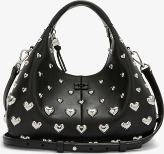 Ganni Black Mini Hobo Bag with Heart Studs