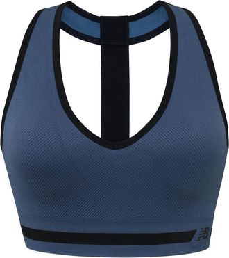 New Balance Seamless Wirefree V-Neck, T-Back Racer Sports Bra with Allover Texture, Vintage Indigo, S