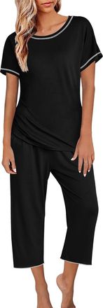 Generic Womens Short Sleeve Pyjamas Set - Printed Pyjama Top & Cropped Pants Ladies Loungewear Soft Pajamas Round Neck Shirt 3/4 Length Pants Pj Shorts Set Co