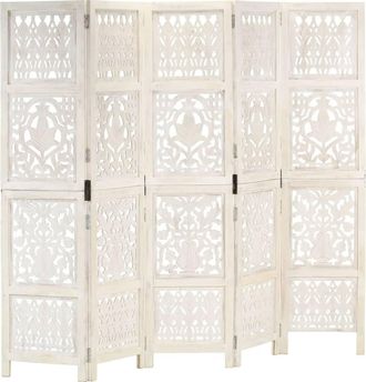 vidaXL Biombo 5 Paneles Tallado A Mano Madera Mango Blanco 200x165 Cm Vidaxl