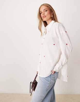 Jacqueline de Yong loose fit shirt with heart embroidery in white