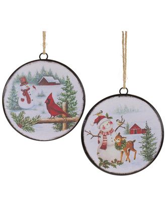 Melrose International Set Of 12 Woodland Snowman Disc Ornament