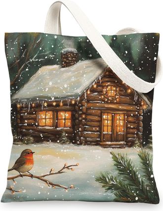Generic Winter Farmhouse Christmas Canvas Tote Bag for Shopping 13x15, Country Snow Lodge Cabin Xmas Reusable Grocery Print Bag for Women, Farm Holiday Beach 