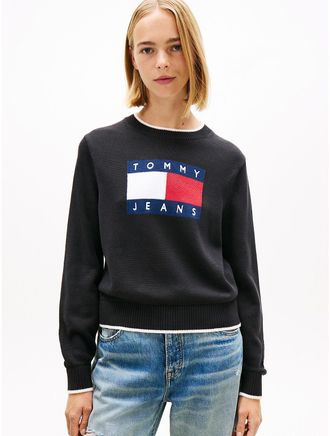 Tommy Hilfiger Womens Tommy Jeans Flag Logo Tipped Sweater - Black - XL