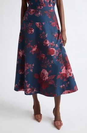 Erdem Floral Organic Cotton Poplin Midi Skirt in Fonteyn Rose Navy at Nordstrom, Size 16