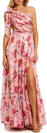 Mac Duggal Womens One Shoulder Floral Maxi Gown with Side Cutout in Blush Multi at Nordstrom, Size 10