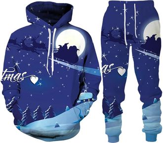 Generic Christmas Tracksuit Mens Hoodie Sweatshirt and Jogging Bottoms Set 2pc Winter Warm Joggers Tracksuit Sets 3D Printed Holiday Xmas Sweatsuits for Casua