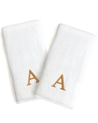 Linum Home Textiles Set Of 2 Monogrammed Luxury Turkish Cotton Novelty Hand Towels Bookman Gold Font
