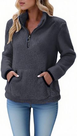 Generic KUIH Womens Fleece Sweatshirts 1/4 Zip Fluffy Pullover Tops Warm Sherpa Fleece Jumper Lapel Half Zip Jumper Long Sleeve Tunics Autumn Winter Clothes L