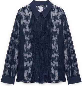 Fiorella Rubino Kanten blouse met ruches - Dames - Overhemden - Blauw - 6XL - Polyester - Overhemden