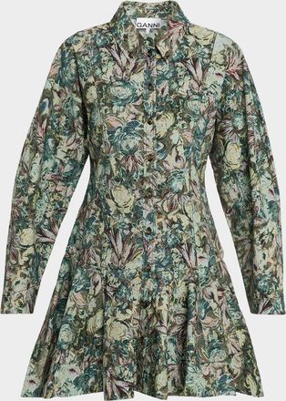 Ganni Long-Sleeve Tapestry Floral Mini Dress