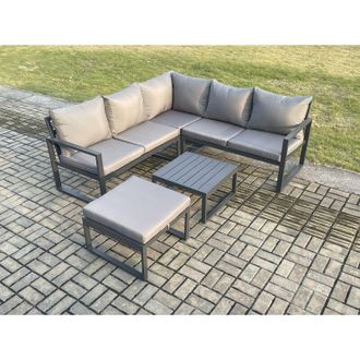 Fimous Outdoor Garden Furniture Set Aluminium Lounge Sofa Square Coffee Table Sets with Big Footstool Indoor Conservatory Set Dark Grey - Fimous