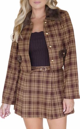 Moon River Plaid Fur Trim Jacket In Brown