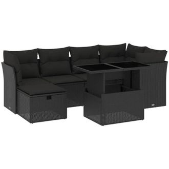 vidaXL Set De Sof&aacute;s De Jard&iacute;n 7 Pzas Con Cojines Rat&aacute;n Sint&eacute;tico Negro