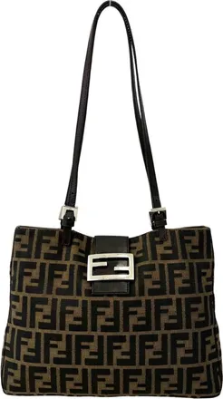 Fendi Black Brown Canvas Leather Handbag Shoulder Bag Tote Bag (Pre-Owned)