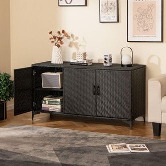 Costway Costway 318 L Patio Wicker Storage Cabinet 3 Door Deck Box Indoor PE Rattan Storage Bin in Black