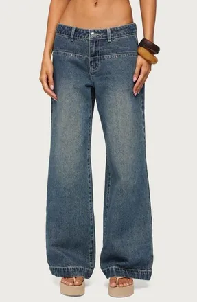 Edikted Wyn Studded Low Rise Baggy Wide Leg Jeans in Blue-Vintage-Washed at Nordstrom, Size X-Small