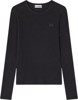 Ganni Geribbelde Top met Lange Mouwen - Dames - Longsleeves - Zwart - L - Katoen - Tops