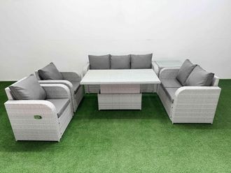 Fimous PE Rattan Garden Furniture Set Reclining Chair Sofa Double Love Seat 2 Seater Sofa Lounge Set Adjustable Lifting Dining or Coffee Table Side
