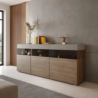 Dmora Credenza Fanna, Madia 3 Ripiani, 3 Ante, 6 Vani, 180x41x80h Cm Marrone