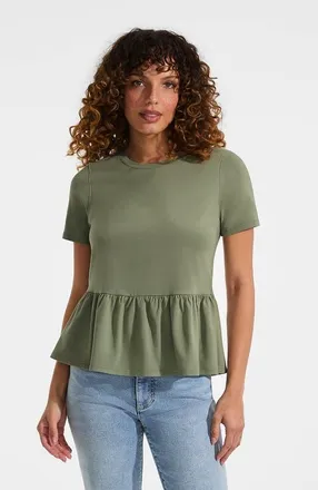 Lands End Short Sleeve Lightweight Jersey Crew Neck Peplum Tee in Sage at Nordstrom, Size X-Small