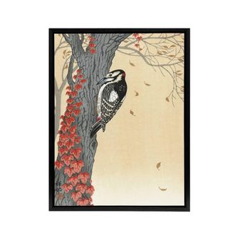 Artery8 Great Spotted Woodpecker Tree Red Ivy Framed Canvas Wall Art Print Koson in Orange | Size: W24 x H32